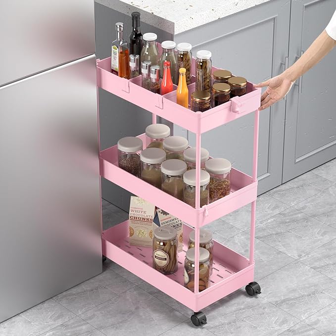 SPACELEAD 3 Tier Rolling Cart with Wheels, Storage Craft Art Trolley Organizer Serving, 3 Hanging Baskets Easy Assembly, for Office, Living Room, Kitchen, Pink