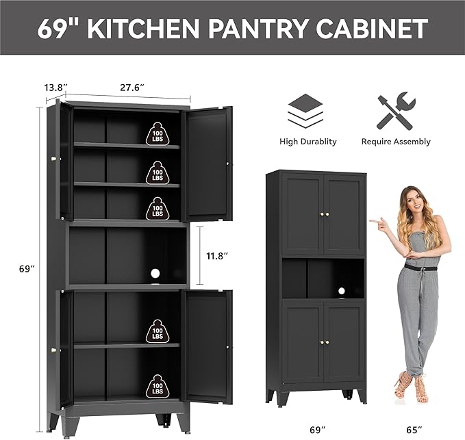 Bevivog Tall Pantry Cabinet with Microwave Shelf, 69" Metal Storage Cabinet with 4 Doors and Adjustable Shelves,Freestanding Metal Kitchen Hutch Cabinet, Black Pantry Closet Storage Shelves with Doors