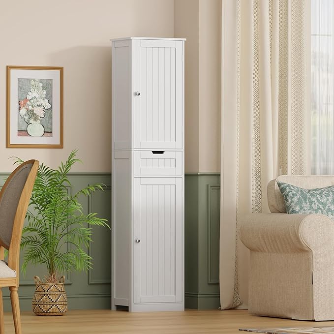 TEENFON 67" H Tall Bathroom Cabinet with 2 Doors & 1 Drawer, Narrow Bathroom Storage Cabinet with Adjustable Shelves, for Living Room, Entryway, Kitchen, White