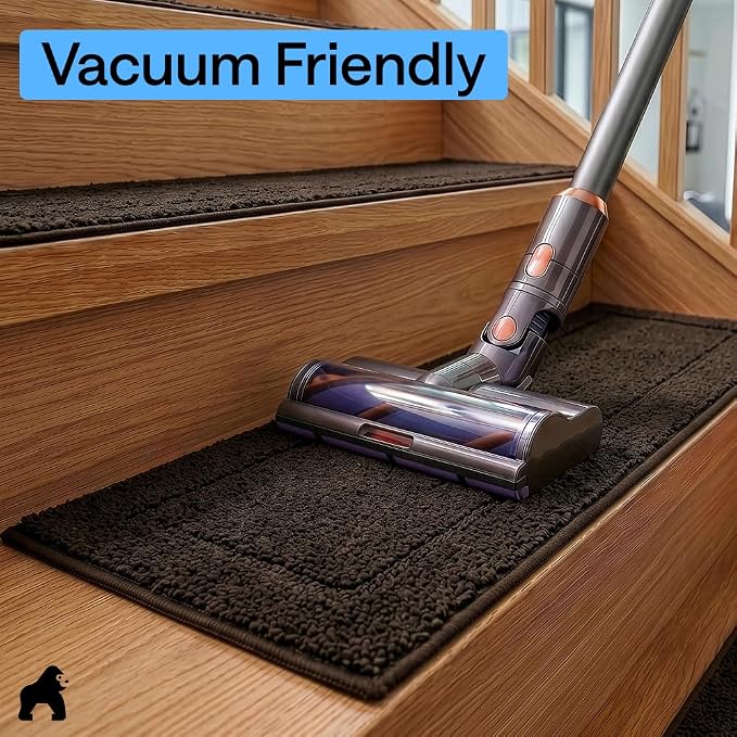 GORILLA GRIP Peel and Stick Stair Treads for Wooden Steps, Multi-Surface Use, Machine Washable Carpet Runners, Indoor Rugs for Stairs, Pet Friendly, Universal Size, 4 Pack Brown, 8x28 Inches