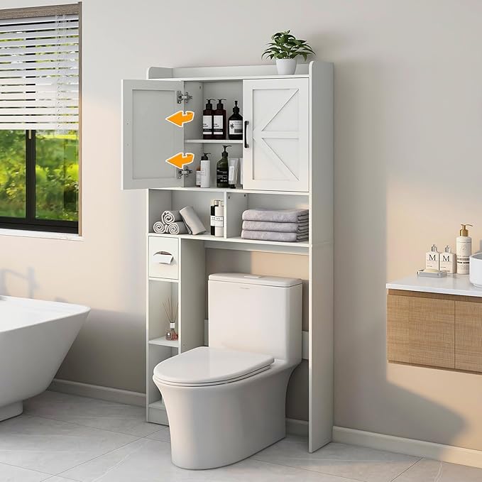 Vabches Over The Toilet Storage Cabinet, Farmhouse Storage Cabinet Over Toilet with 2 Barn Door & Toilet Paper Holder Stand，Home Space-Saving Toilet Rack, for Bathroom, Restroom, Laundry