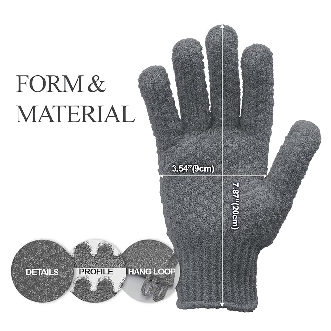 Evridwear Exfoliating Dual Texture Bath Gloves for Shower, Spa, Massage and Body Scrubs, Dead Skin Cell Remover, Gloves with hanging loop (1 Pair Gray Heavy Glove)