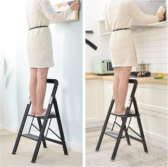 KINGRACK Aluminium 2 Step Ladder, Lightweight Step Stool with Non-Slip Pedals, Handrail, 330LBS Foldable Step Ladder for Kitchen, Garage, Home, Space Saving, Sturdy and Portable, Black