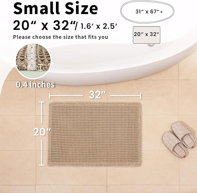 Waffle Bath Mat - Boho Bathroom Rugs Non Slip Washable, Super Absorbent & Quick Dry, Soft Bath Mat Farmhouse Bathroom Decor, 20'' x 32'', Khaki