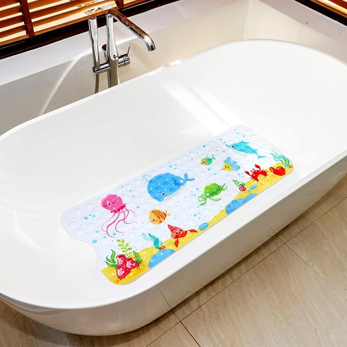 Secopad Bath Mat for Tub Non Slip, Machine Washable Anti-Slip Cartoon Baby Bathtub Shower Mat with Drain Holes and Suction Cups for Toddler & Kids, 40 Inch x 16 Inch-Rectangular, Little Whale