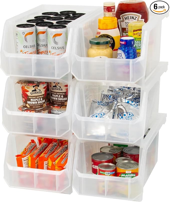 ReadySpace Large Plastic Storage Bins, Stackable Organizer Containers for Closet Pantry Shelf Garage and Office Organization, Clear, 6 Pack