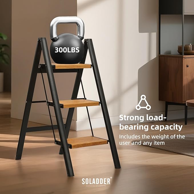 SOLADDER 3 Step Ladder, Anti-Slip and Lightweight Foldable Step Stool for Adults to Use in Kitchen, Closet and Library, 300lbs(Black&Woodgrain)