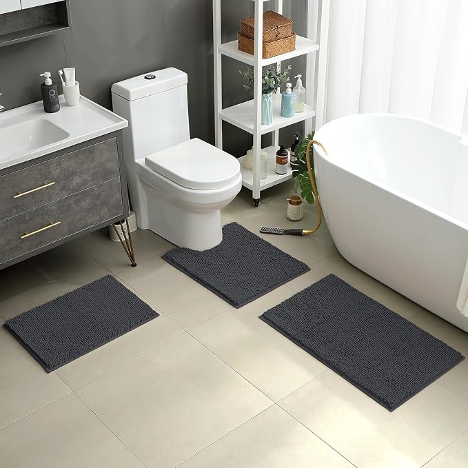 HOMEIDEAS 3 Pieces Bathroom Rugs, Ultra Soft Non Slip Absorbent Chenille Toilet Bath Mat Set,Grey-Dark Grey, 17"x24"+20"x32"+U Shape 20"x24"