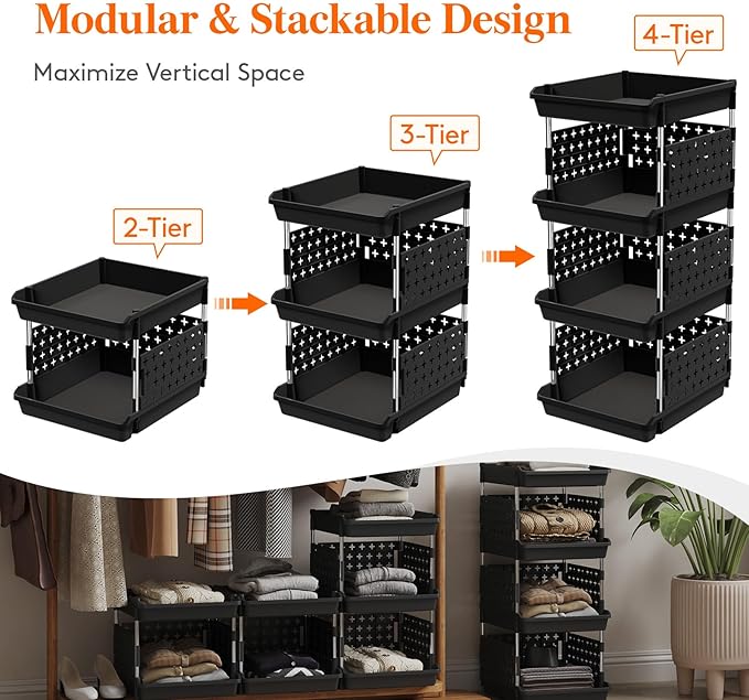 Lifewit Plastic Stackable Storage Baskets, 4 Tier Stacking Bins for Food and Clothes, Multifunctional Organizer for RV, Kitchen, Playroom, Pantry, Black, 35 x 30 x 72 cm/14 x 12 x 28 inch, 1 Pack