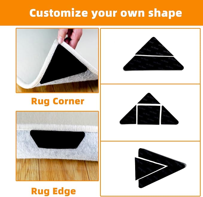 Carpet Tape, 8 Pcs Non Slip Rug Tape for Hardwood Floors and Tiles, Reusable and Washable Rug Pad Gripper for Area Rugs, Dual Sided Adhesive Rug Sticker Keep Corners Flat