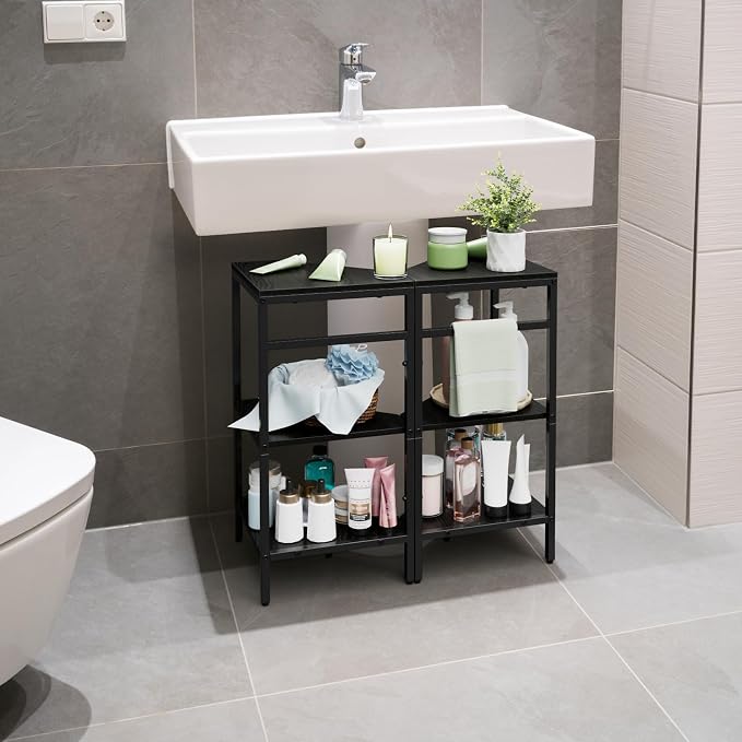 Under Pedestal Sink Shelf 2 Pack Corner Shelf Stand for Bathroom Pedestal Under Sink Storage Rack Under Vanity Storage Organizers Bathroom Storage Corner Shelves Toilet Storage Holder, Black