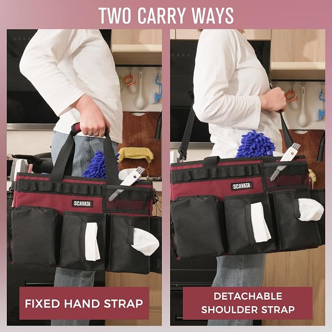 SCAVATA Wearable Cleaning Caddy Bag, Cleaning Caddy Supplies Organizer with Handle & Shoulder Straps for Housekeepers, Under Sink & Car Cleaning Tool Organizers with 4 Foldable Divider (Magenta)