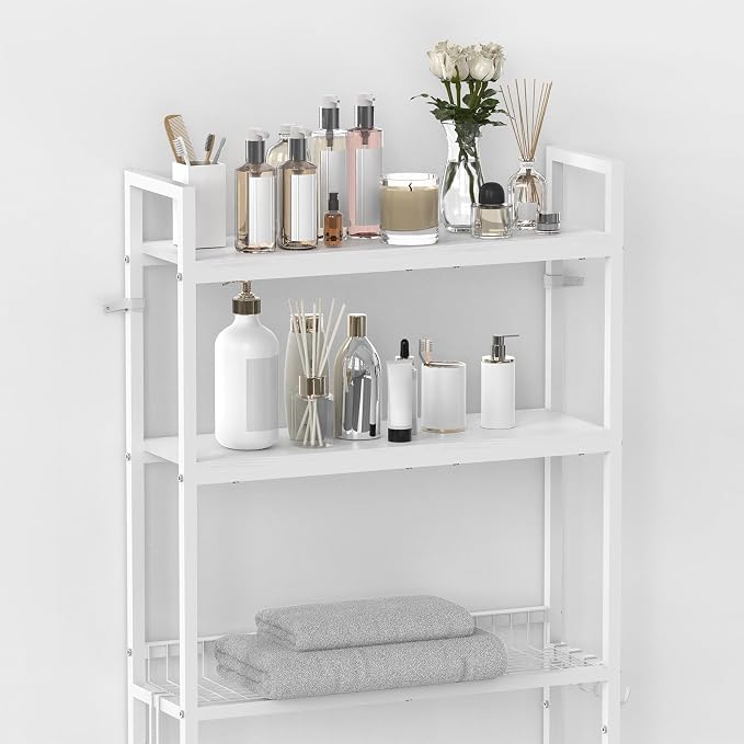 Over the Toilet Organizer White Over the Toilet Shelf with Paper Holder and 3 Hooks 3 Tier Over the Toilet Storage Rack for Restroom, Laundry Bathroom Over the Toilet Cabinet for Small Space