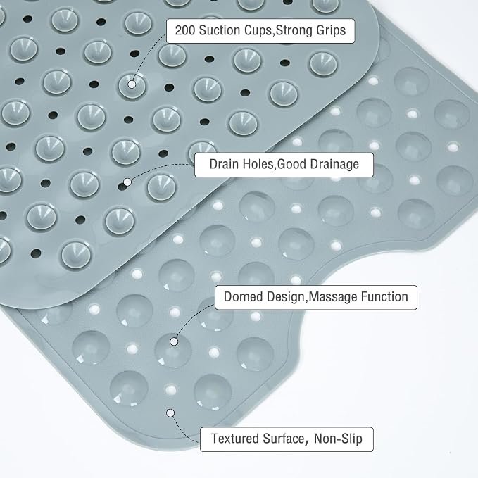 Extra Long Bathtub Mat Non Slip, Mint Green Soft Bath Mat for Tub 40 x 16 Inch Full Size, Bath Tub Shower Mats for Bathroom Floor, Big Suction Cups and Drain Holes, Easy Washable, BPA Free
