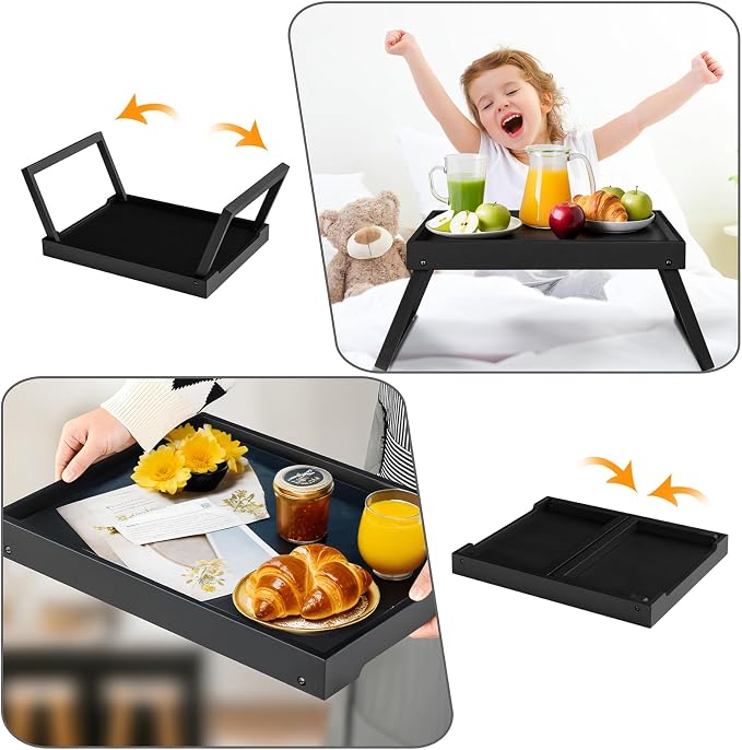 Bamboo Bed Tray Table with Folding Leg, Breakfast in Bed Tray for Eating,Kitchen Serving,Food, Sofa, Snacking or Working, Laptop Desk Dinner(1, Black)