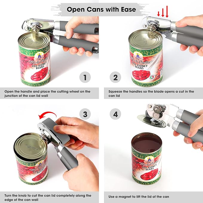 Beneno Heavy Duty Hand Can Opener Manual with Magnet, Durable Sharp Carbon Steel Blade Smooth Cutting, Big Effort-Saving Knob & Soft Grip Handle, Multifunctional Kitchen Tool with Bottle Opener, Gray
