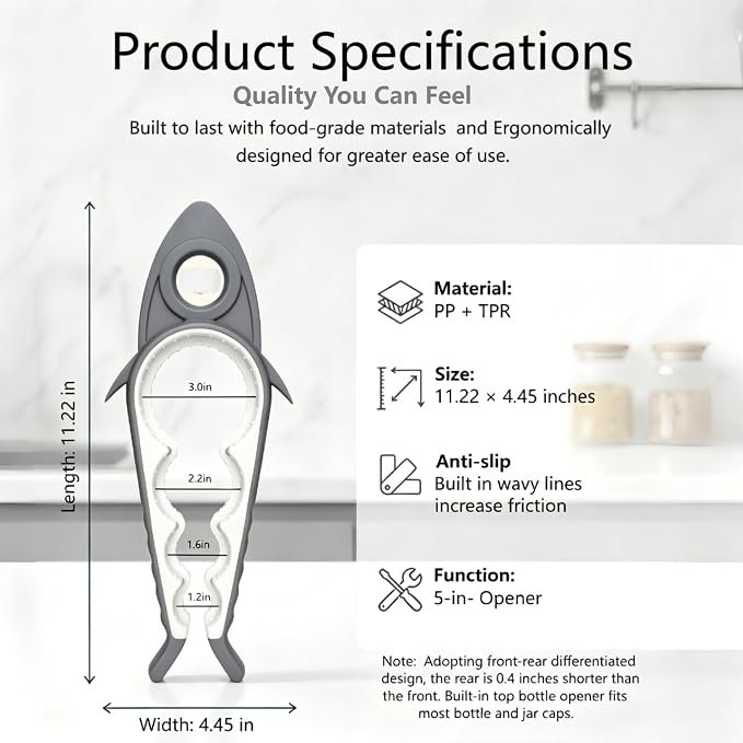 Jar Opener Bottle Opener for Arthritis, 5-in-1 Multifunctional Jar Opener, Easy to Use for Seniors and Weak Hands, Shark Shape Kitchen Gadget for jar, Beer and Bottle (Grey and White)