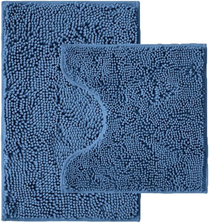 Bathroom Rugs Sets 2 Piece,Super Absorbent Chenille Bath Mats and U-Shaped Toilet Rug,Strong PVC Non Slip Backing,Microfiber Washable Dry Quickly Bath Mats for Bathroom(20"x32"+20"x20"U, Medium Blue)