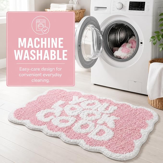 Scalloped Pink Bath Rug, You Look Good Cute Bathroom Rug, Soft Absorbent Quick Dry Bath Mat, TPR Non Slip Backing, Microfiber Mat for Shower Tub Sink Vanity 20" x 31.5"