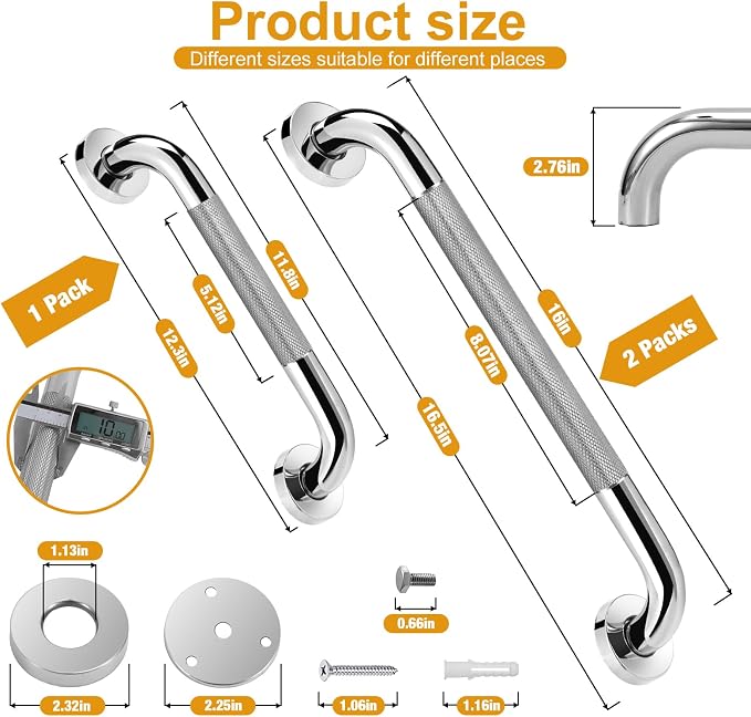 3 Packs Shower Grab Bars for Bathroom, 2 x 16 Inch & 1 x 12 Inch Safety Handicap Grab Bars for Wall, Anti-Slip Shower Handles for Elderly, Seniors, Disabled, Shower Handrails for Bathtub Toilet