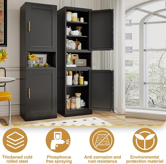 67" H Metal Tall Narrow Storage Cabinet, Freestanding Floor Cabinet with 2 Doors and Adjustable Shelves, Pantry Storage Cabinets for Bathroom, Living Room, Entryway and Kitchen (Black)