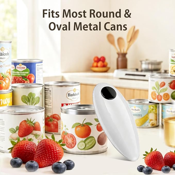 Electric Can Opener, Handheld One-touch Automatic Can opener, Smooth Edge Kitchen Gadget Can Openers Electric for Seniors with Arthritis White