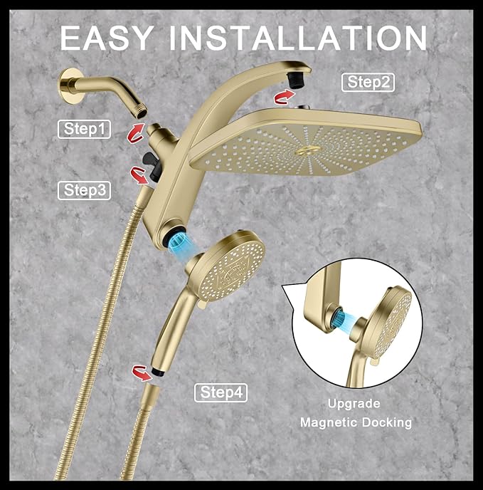 BOZYBO Rain Shower Head with Handheld: High Pressure Shower Heads with Handheld Spray Combo, 12" Rainfall Shower Head and 9 Sprays Hand Showerheads with Magnetic Docking and Power Jets, Desert Gold