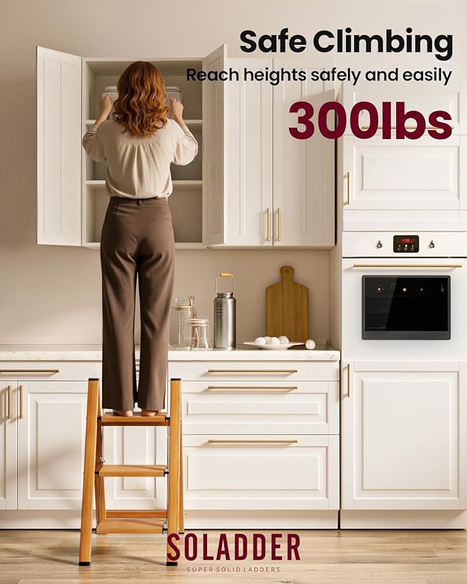 SOLADDER 3 Step Ladder, Folding Aluminum 3 Step Stool with Anti-Slip Wide Sturdy Pedal, Multi-Use for Home and Kitchen, Space Saving-Woodgrain(300 lbs Capacity)