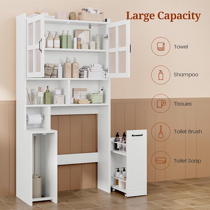 UPOSOJA Over The Toilet Storage Cabinet with Pulley Small Bathroom Storage Cabinet, Space Saver W/Adjustable Shelf & Glass Doors for Bathroom, Restroom, Laundry (Frosted Mirror-Type B)