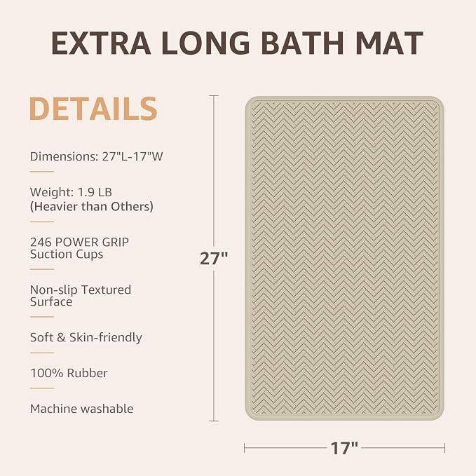 OTHWAY Bathtub Mat Non Slip, 27" x 17" Bath Mat for Tub, Machine Washable Shower Anti Slip Mat with 246 Strong Suction Cups (Brown)