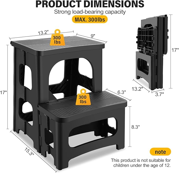 Folding 2-Step Stool for Adults, Non-Slip Collapsible Footstool for Office, Portable Bedside Step Stool, Hold up to 300 lbs, Lightweight & Foldable Step Ladder for Pool Office Home RV