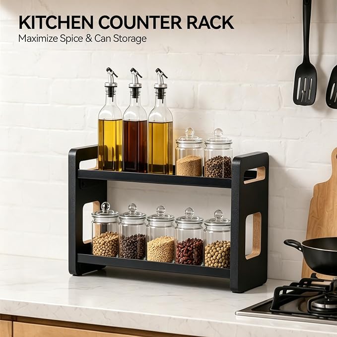 2-Tier Black Bathroom Countertop Organizers and Storage, Vanity Bathroom Sink Organizer Shelf for Skin Care Makeup Cologne and Perfume, Kitchen Countertop Spice Rack Organizer