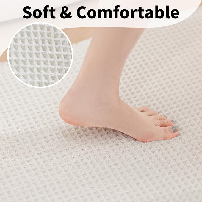 White Bathroom Rugs, Waffle Bath Mat Non Slip Washable, Super Absorbent & Quick Dry, Boho Bath Mat Farmhouse Bathroom Decor, 20'' x 48'', White