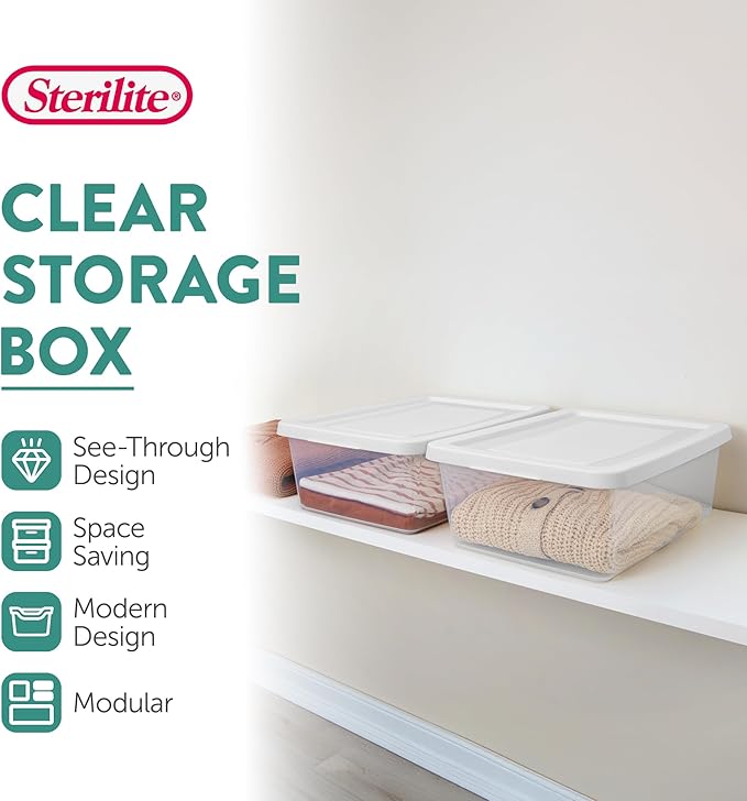 Sterilite 48 Pack Storage Box, 12 Quart Stackable Tote, Clear Plastic Container with Secure Snapping Lids for Home and Office Organization, White