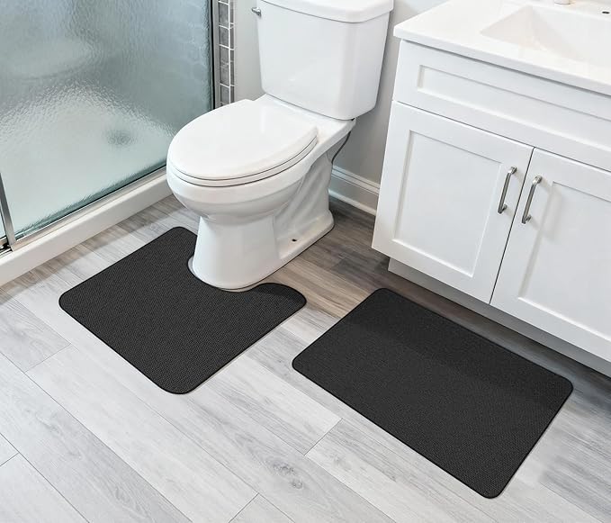 Bosap Bathroom Rugs Set 2 Pieces,Thin Bathroom Mats,Toilet Rugs,Quick Dry,Non-Slip,Machine Washable,Low Pile,Absorbent Bath Mats,Shower,Sink,Home Decor Accessories.Black,1'5"x2'3"+1'8"x2" U Shape