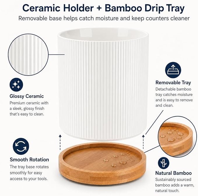 QUELIEN Utensil Holder, 360° Rotating Ceramic Kitchen Utensil Holder for Countertop, 7.7" Utensil Crock for Kitchen Counter with Rotatable Wooden Base,Ideal Housewarming Gift & Mothers Day Gift