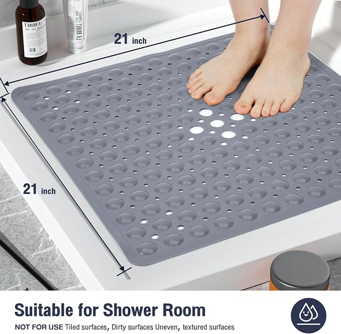 Gray Square Shower Bathtub Mat Non Slip 21x21 Inch, Soft Bath Mat for Inside Shower Tub, Shower Stall Mats for Bathroom Floor with Big Suction Cups Drain Holes, Easy Washable Dry BPA-Free