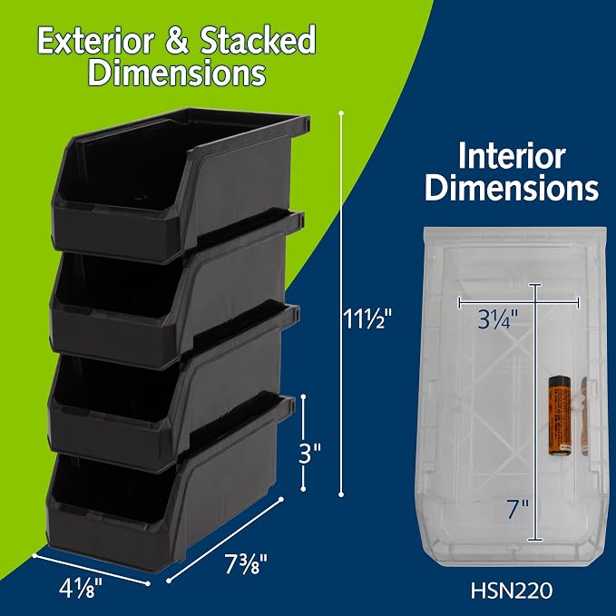 ReadySpace Plastic Containers for Organizing and Storage Bins for Drawers, Desks, Office Organization, and Garage, Stackable Bins, Small (3" x 7" x 4"), 12-Pack, Black