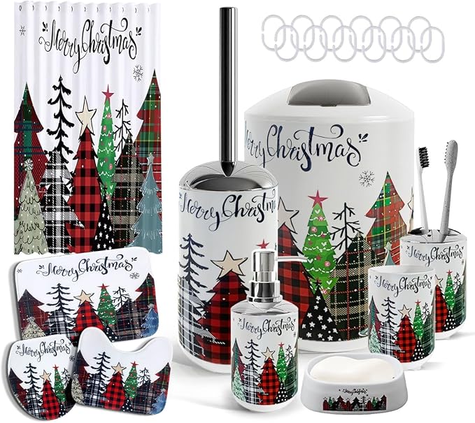 Clara Clark Bathroom Set - Christmas Bathroom Sets with Shower Curtain and Rugs, Xmas Bathroom Accessories Set, 22PC Christmas Shower Curtain Set with Liner, Soap Dispenser, Toilet Brush, & Trash Can