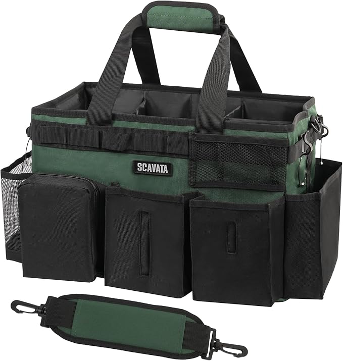SCAVATA Wearable Cleaning Caddy Bag, Cleaning Caddy Supplies Organizer with Handle & Shoulder Straps for Housekeepers, Under Sink & Car Cleaning Tool Organizers with 4 Foldable Divider (TreeGreen)