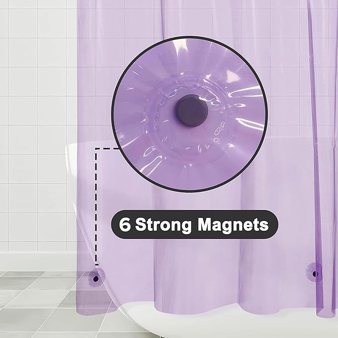 Barossa Design Clear Lavender Shower Curtain Liner - PEVA Heavy Duty Shower Liner with 6 Magnets and Metal Grommets, 72" x 72" Waterproof Curtains for Bathroom - Clear Lavender