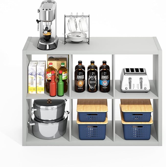 Furinno HERMITE Kitchen Island, 6-Cube Coffee Bar, Extra Thick Kitchen Storage, Bakers Rack, for Pantry Organizers and Storage, Kitchen Organization, Light Grey