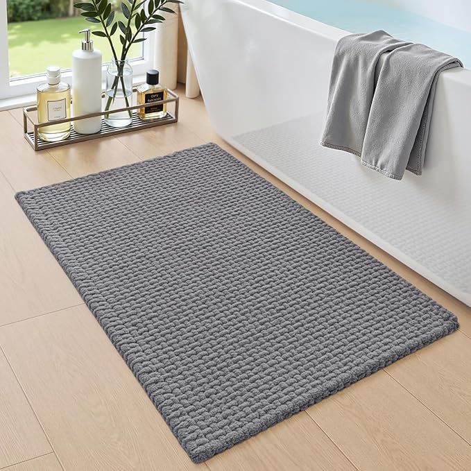 DEXI Bathroom Rugs 24x16, Non Slip Washable Bath Mat, Absorbent Chenille Bathmat, Ultra Soft Thick Carpet for Tub Shower Floor, Grey