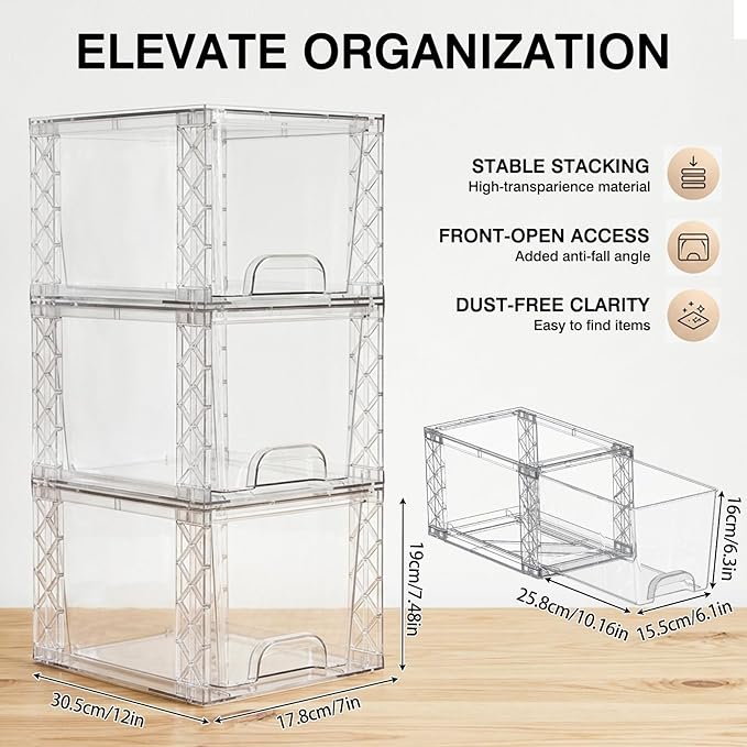 Bathroom Organizers and Storage Boxes 4pack, 7in Stackable Storage Drawers Plastic Simply Assembled Containers Bins Suitable for Cosmetics, Bathroom, Kitchen, Cabinets, and Snack Storage Boxes
