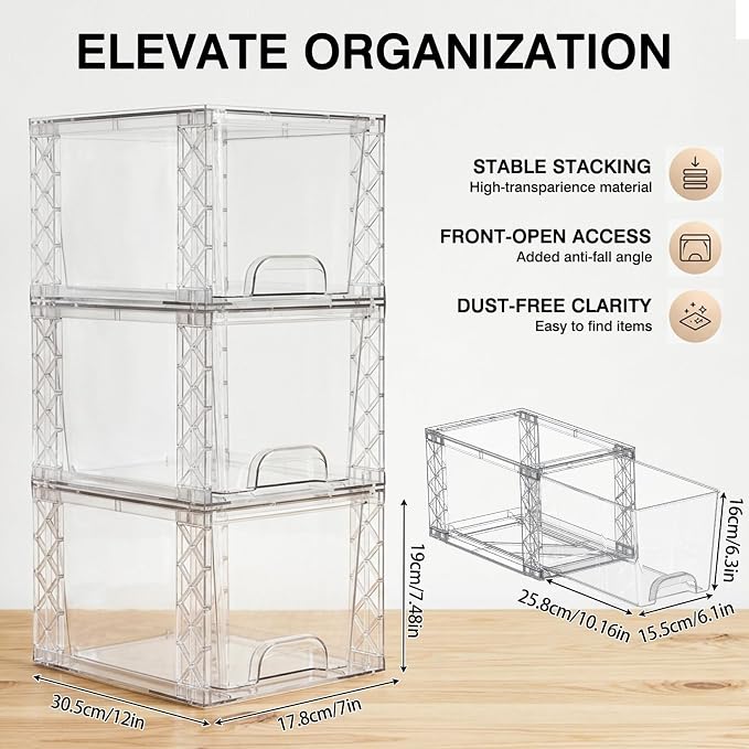 Plastic Stackable Drawers 8 Pack, 7in Bathroom Organizers and Storage Boxes Simply Assembled Containers Bins Suitable for Cosmetics, Kitchen, Cabinets, Snack