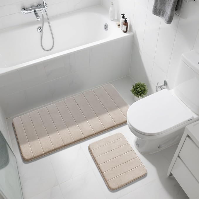 Yimobra Large Bath Mat Set 2 Piece- Super Soft Absorbent Quick Dry Memory Foam Bathroom Rugs, Machine Washable Non Slip Floor Carpet for Tub Shower & Double Vanity (17x24 & 44x24, Beige)