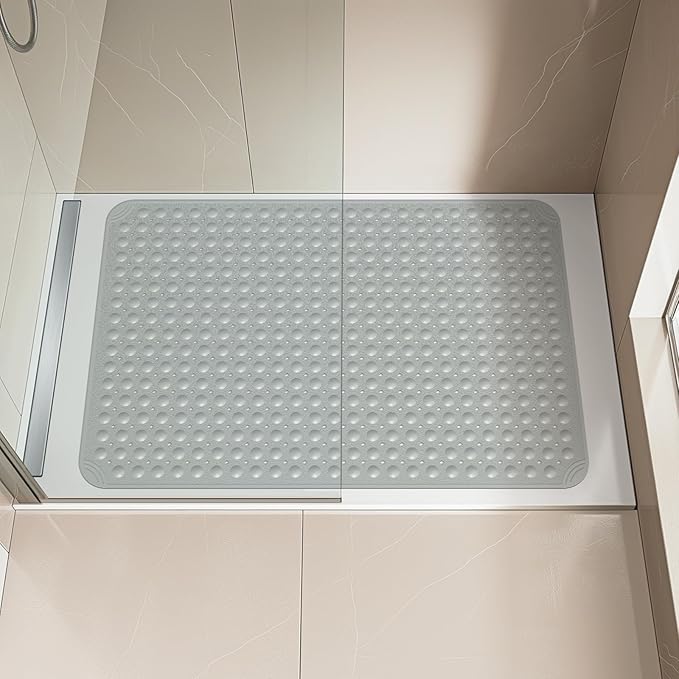 OTHWAY Extra Large Shower Mat 47"x 32", TPE Non Slip Shower Mat for Shower Stall, Inside Walk in Shower Mats with Drain Holes Suction Cups, Anti-Slip for Elderly Kids (Dark Grey)