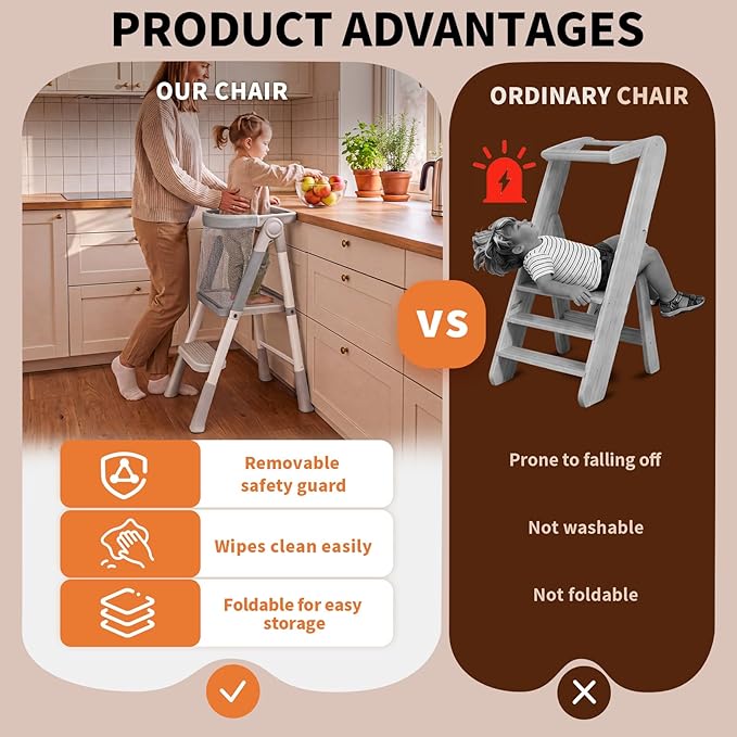 Toddler Step Stool Foldable, Kids Step Stools for Kitchen Counter, Foster Independence Learning Stool with Safety Guards&Net, Toddler Sturdy Standing Tower Kitchen Helper, Grey