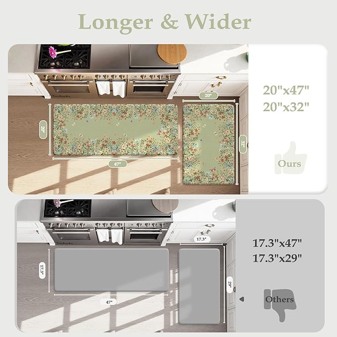 KIMODE Kitchen Mats for Floor Anti Fatigue, 20"x47"+20"x32" Farmhouse Kitchen Rugs Sets of 2, Padded Kitchen Floor Mats, Comfort Standing Mats for Sink Laundry Office Desk Sage Green