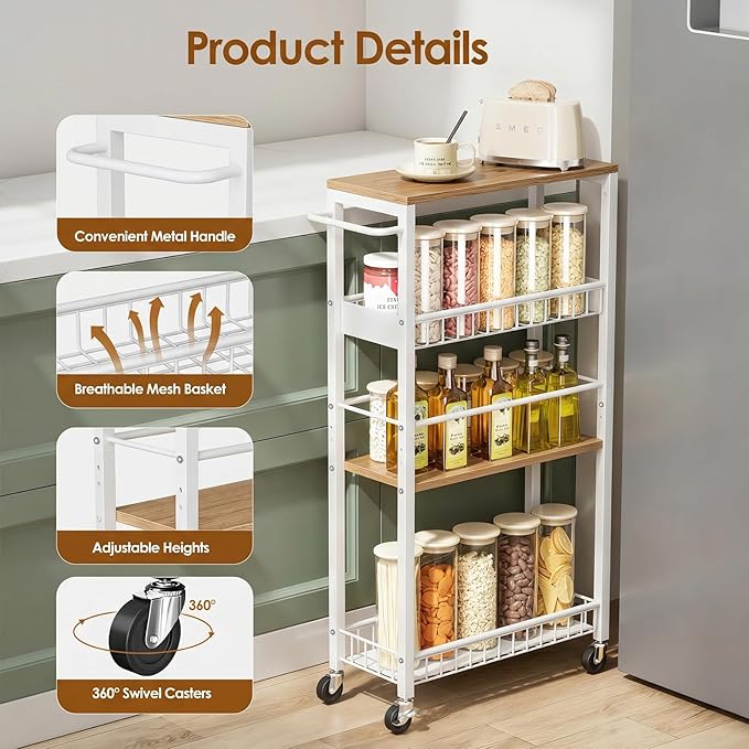 Slim Storage Rolling Cart, 4 Tier Narrow Cart with Wheels, Metal Kitchen Rolling Cart for Small Spaces, Slide Out Storage Shelves for Kitchen, Laundry Room, Bathroom, Living Room, 7.1in(W)
